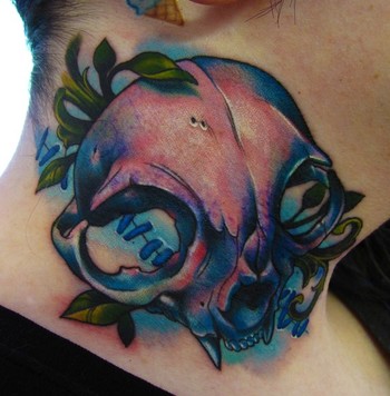Tattoos - Cat Skull Neck Tattoo - 45823